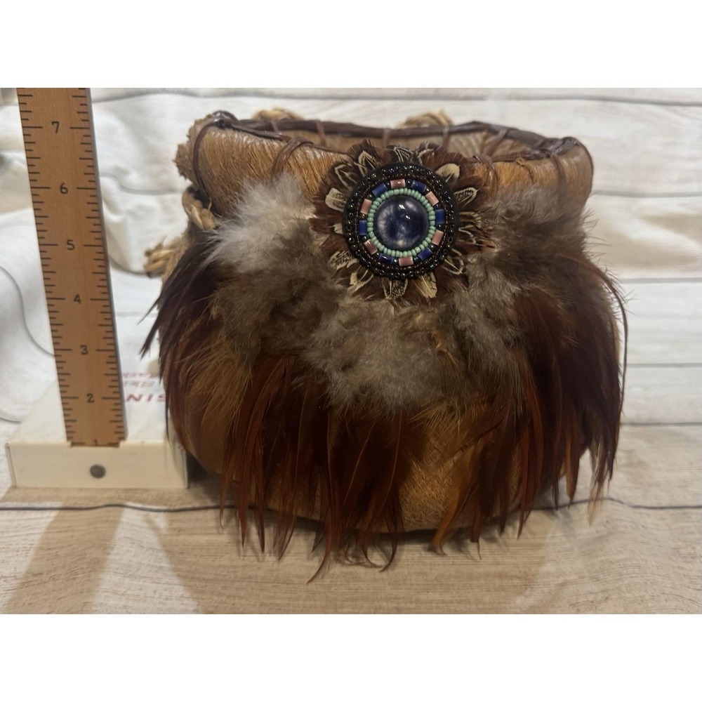 Vintage Handmade Native American Basket with Real Fur & Feathers Embellishments - Picture 1 of 6